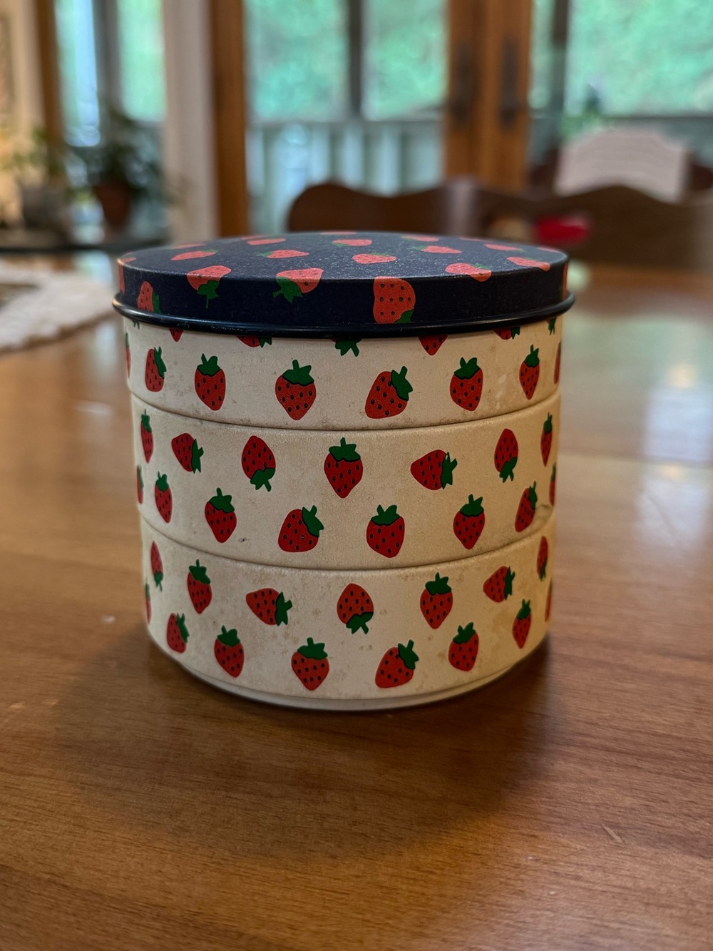 Vintage 3 Tiered Tin Potpourri Press Strawberry Pattern Navy And White